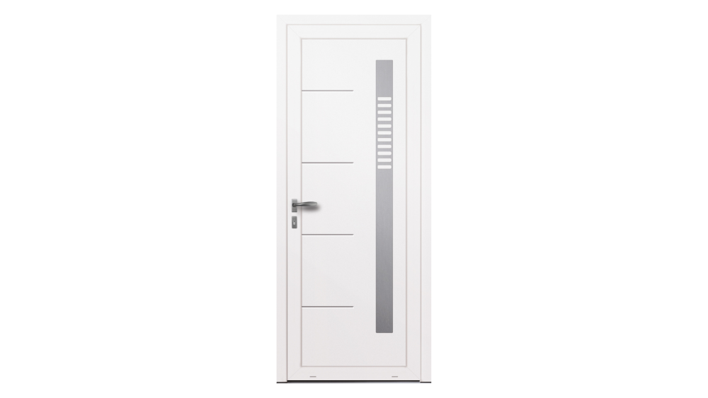 Porte d'entrée PVC BANDAMA Porte blanche avec décorations grises en inox
